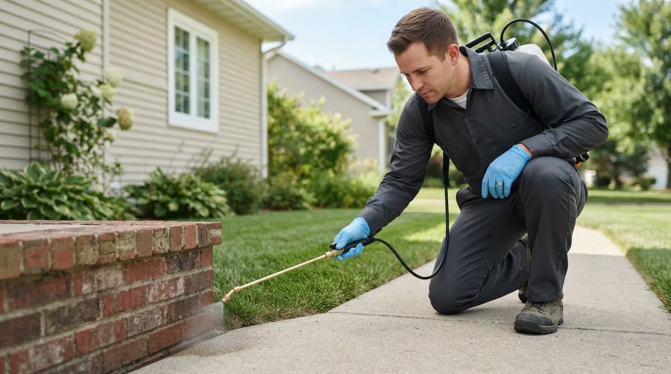 Pest control technician treating a home near Union Bridge, MD